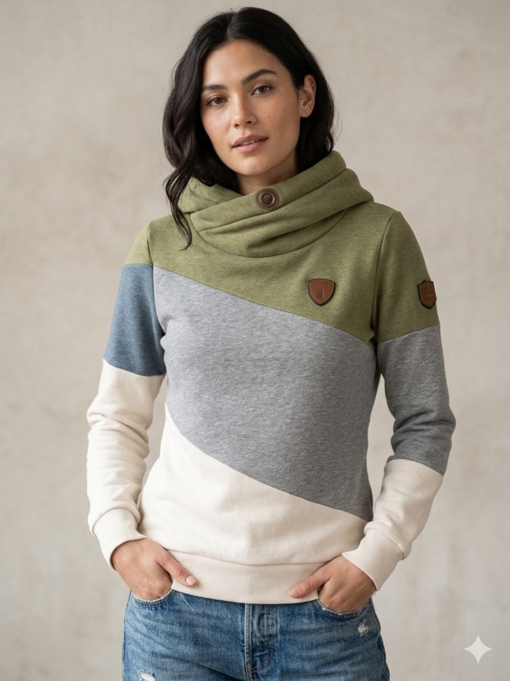 Wanakome Olive Green Colorblock Funnel Neck Women’s Sweater s
